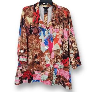 Ali Miles Floral Mixed Media Oyster Button Wire Collar Shirt Plus Size 1X